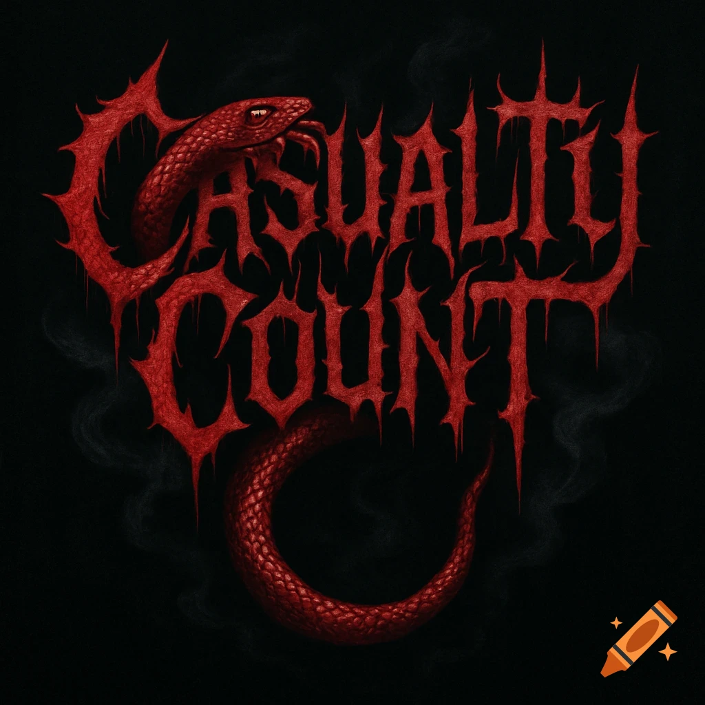 Red death metal style text 'CASUALTY COUNT' intertwined with a red snake on a dark background.