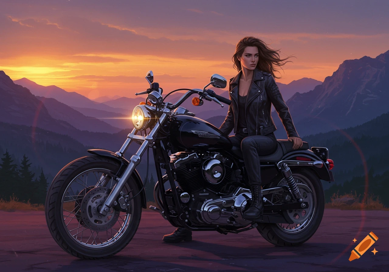 Woman in leather jacket on black motorcycle, mountainous sunset background. Photorealistic style.