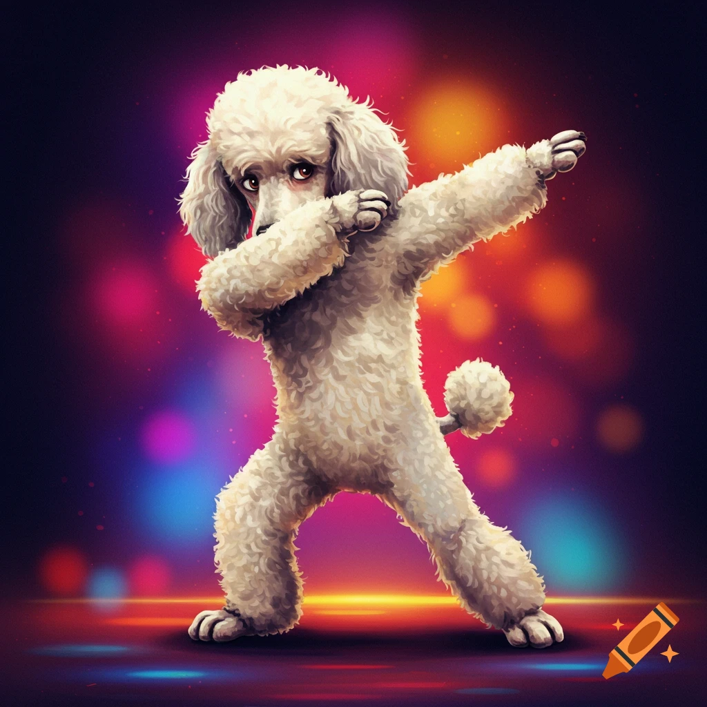 A fluffy white poodle with big eyes dabs on a colorful, blurry stage background.