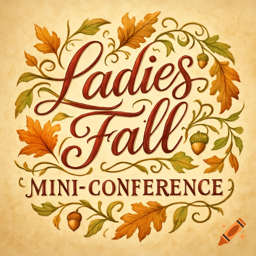 Word art for 'Ladies Fall Mini-Conference' in a fancy script, surrounded by colorful autumn leaves and acorns.