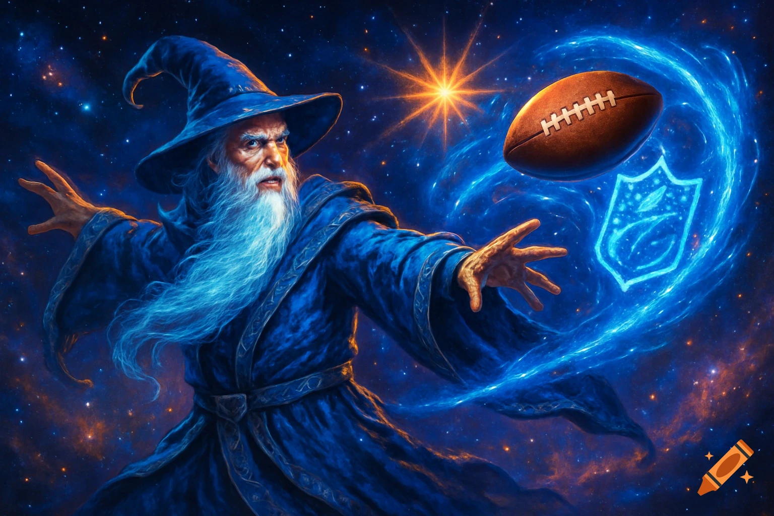 A wizard in blue robes casts a spell, making an American football and a glowing NFL-like shield float in a starry blue and orange galaxy.