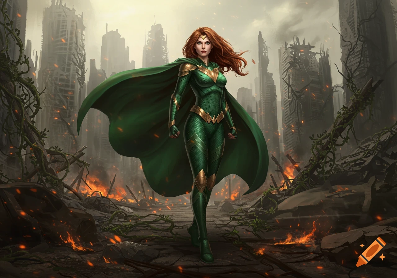 Red-haired female superhero in a green and gold suit and cape stands in a ruined city with fires and vines.
