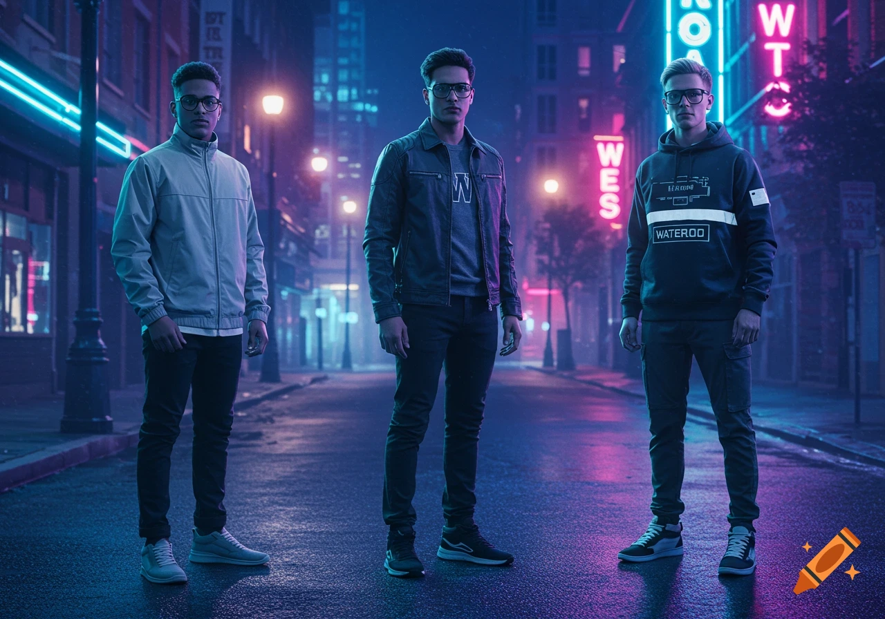 Three young men in streetwear stand on a wet city street at night, illuminated by neon lights.