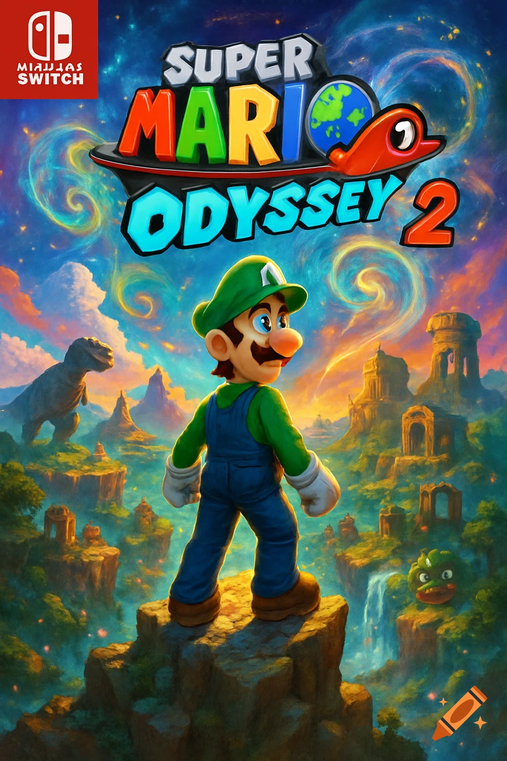 Game cover for Super Mario Odyssey 2 featuring Luigi on a cliff overlooking a fantastical landscape with ruins and a dinosaur, under a swirling sky.