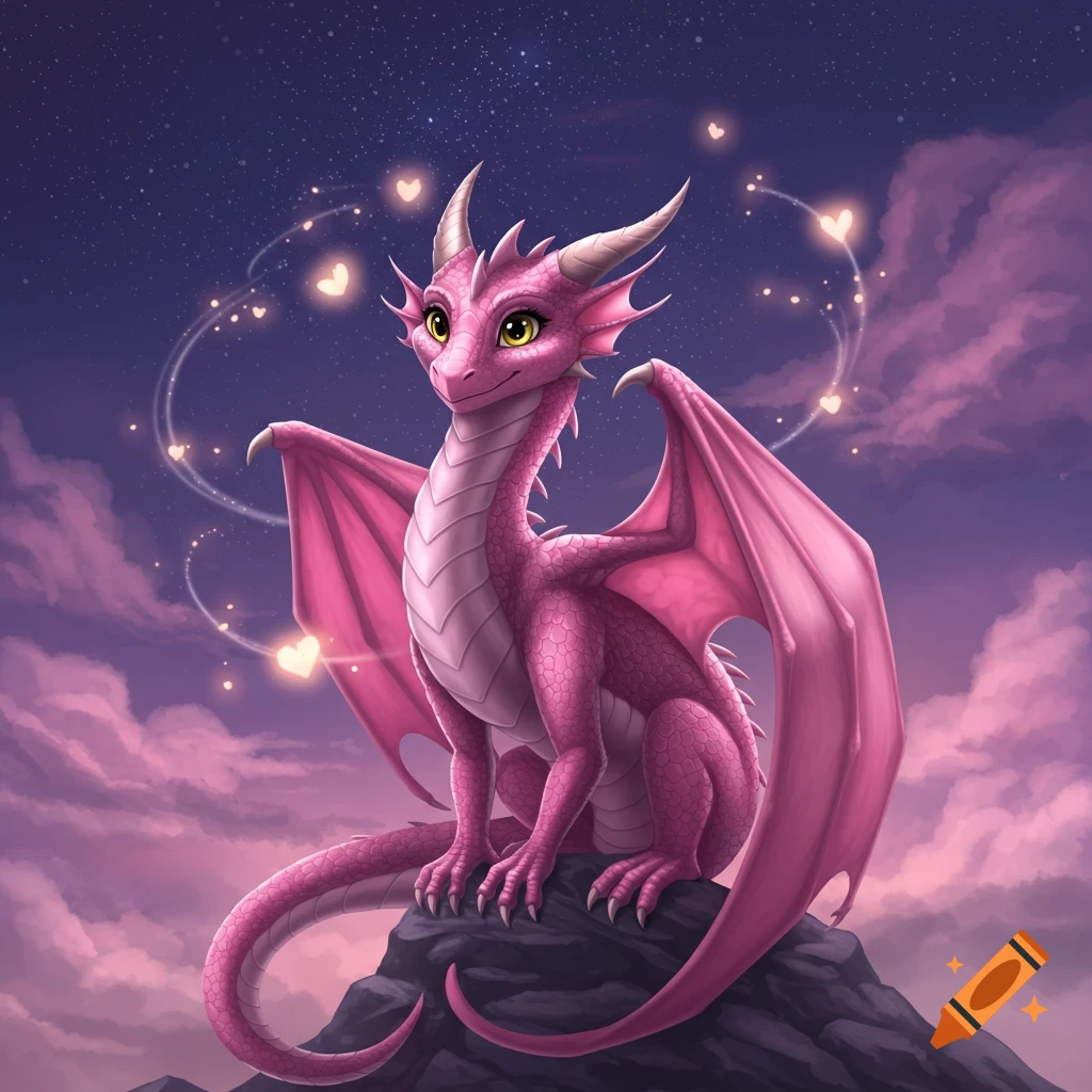 A cute pink cartoon dragon with golden eyes sits on a rock under a starry night sky with purple clouds and floating hearts.