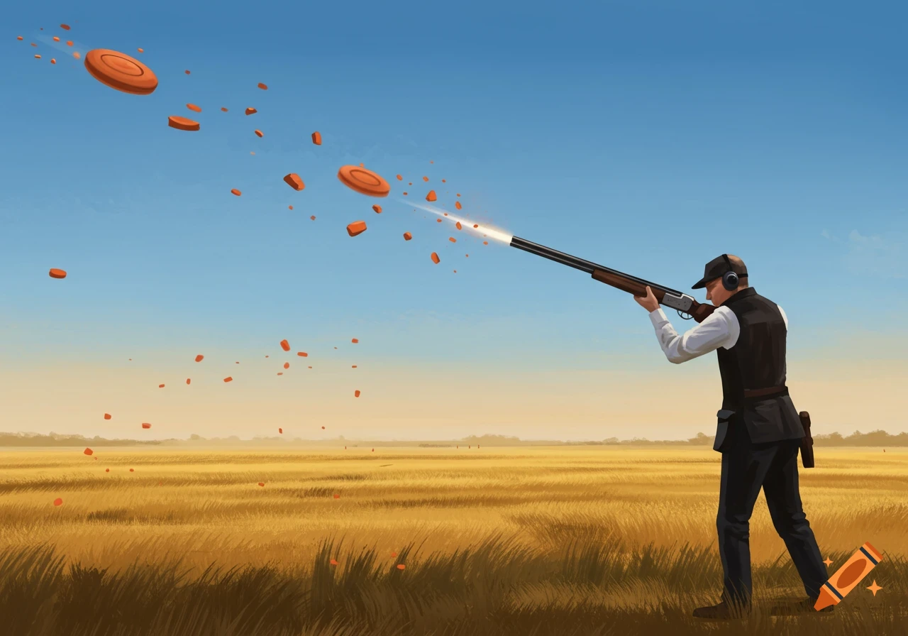 An illustrated man fires a shotgun at breaking clay targets over a golden field under a blue sky.
