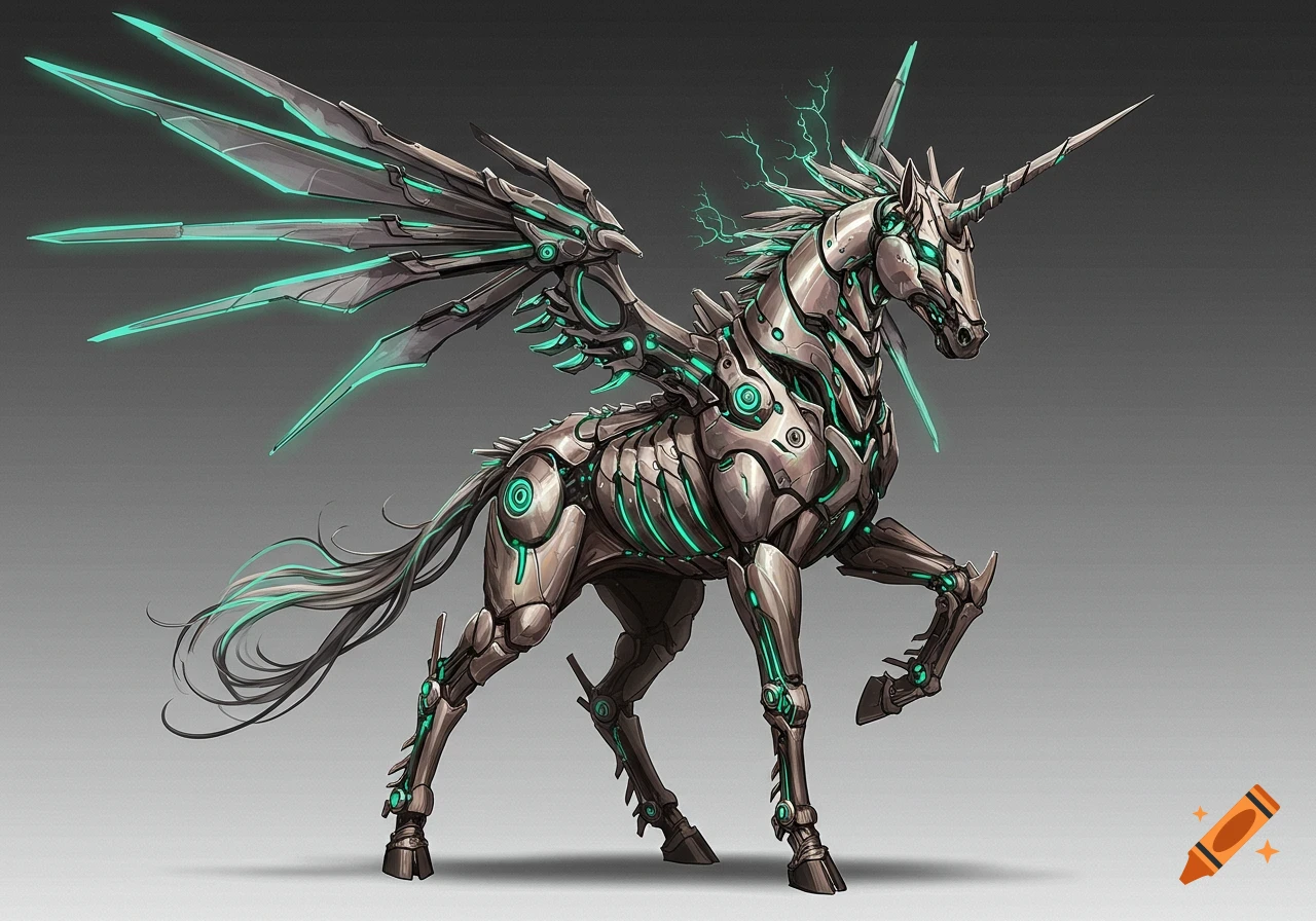 A detailed, futuristic, biomechanical unicorn with glowing green energy lines and mechanical bladed wings.