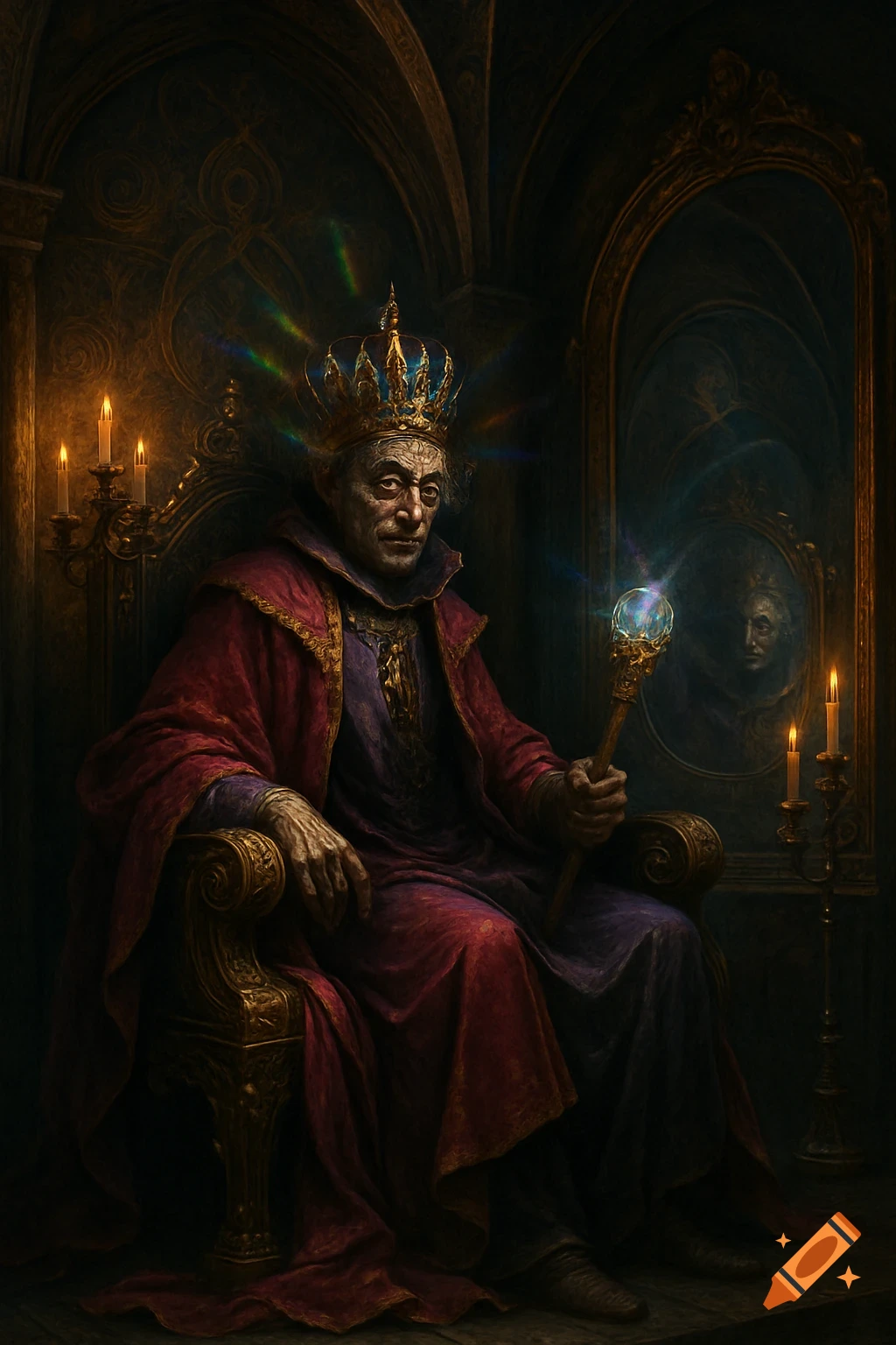 A stern, aged monarch sits on a golden throne in a dark chamber, wearing a crown and red robes, holding a glowing staff.