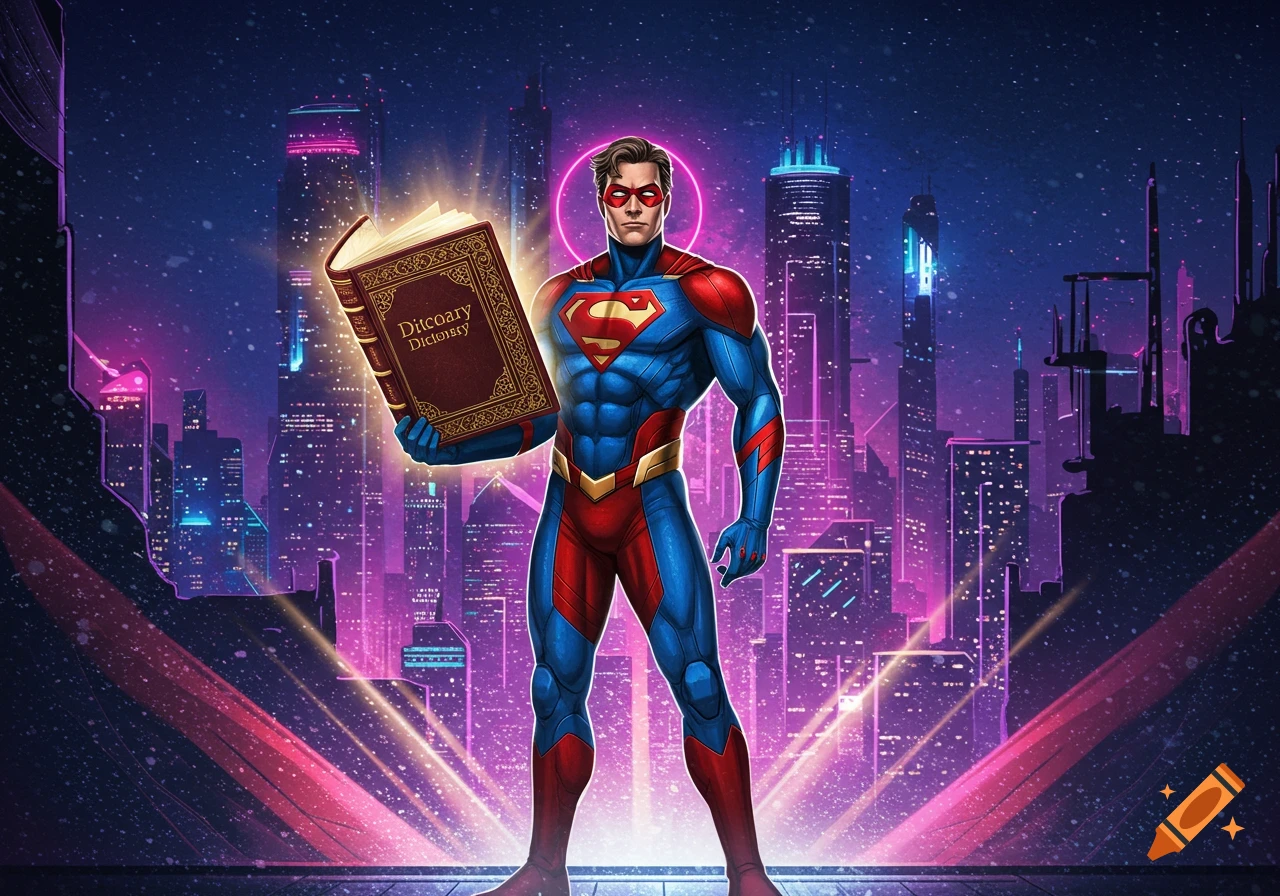 A superhero in a blue and red suit with an 'S' emblem holds a glowing dictionary in a futuristic, neon-lit cityscape at night, comic art style.