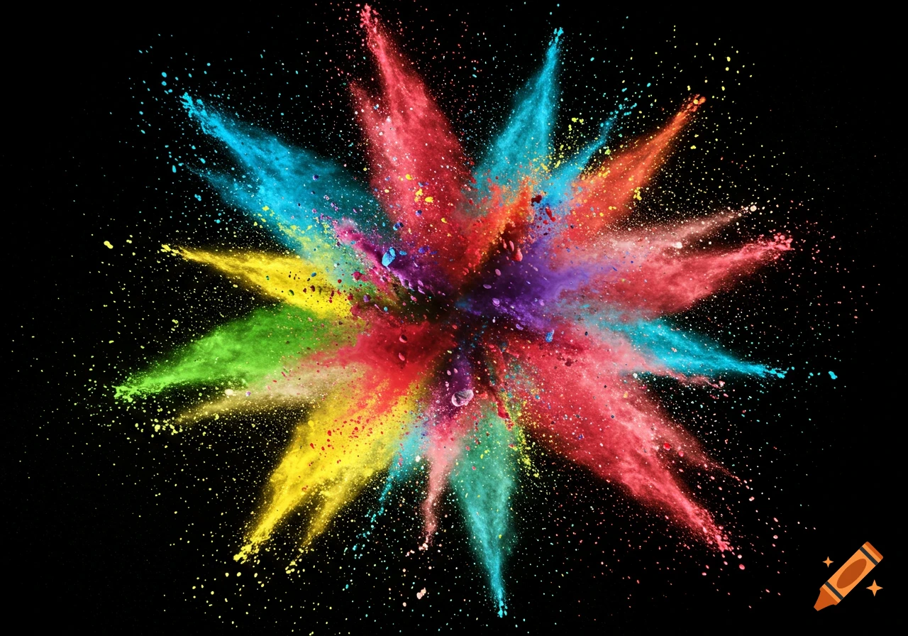 Vibrant multi-colored powder exploding outwards on a black background, creating a starburst effect.
