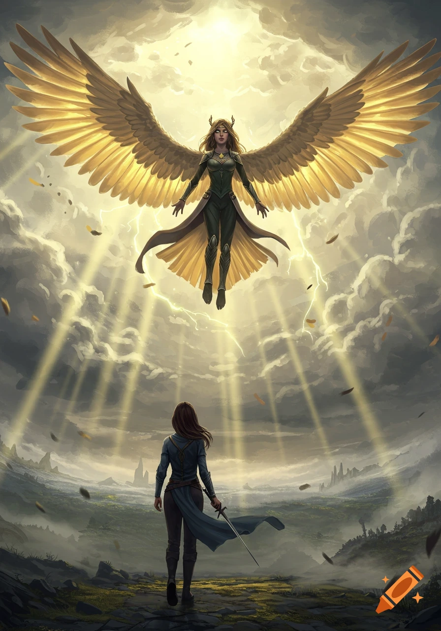 A winged figure descends from a cloudy, radiant sky with lightning, while a swordswoman looks up from a misty, rocky landscape below.