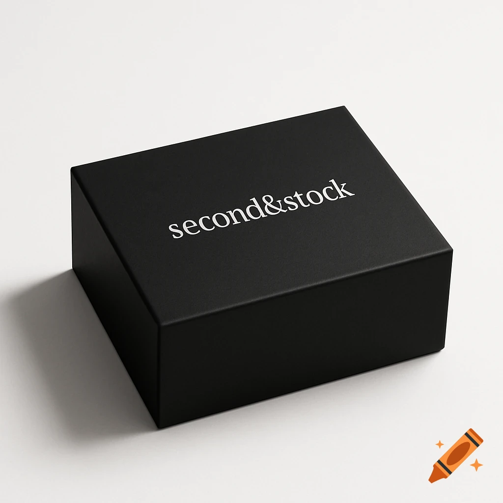 A sleek black square product box with 'second&stock' printed in white on its lid, set against a plain white background.
