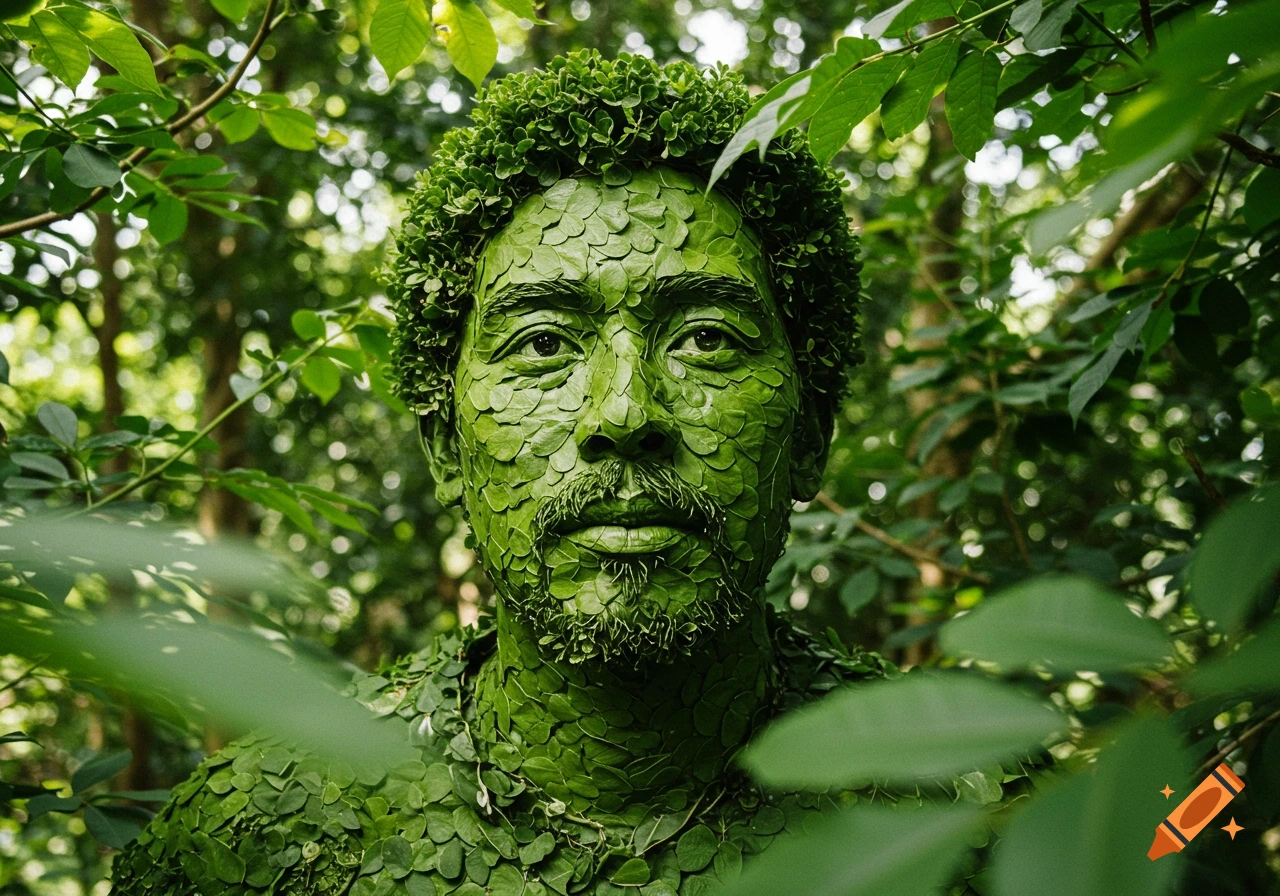 Photorealistic portrait of a man's face and shoulders intricately covered in green leaves, blending into a dense forest.