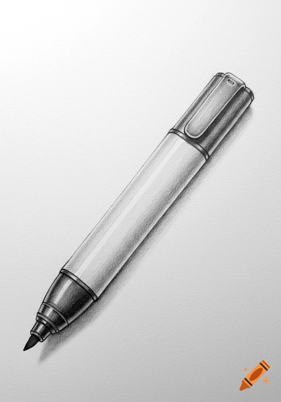 Detailed pencil drawing of a black and white marker pen, rendered on white paper.