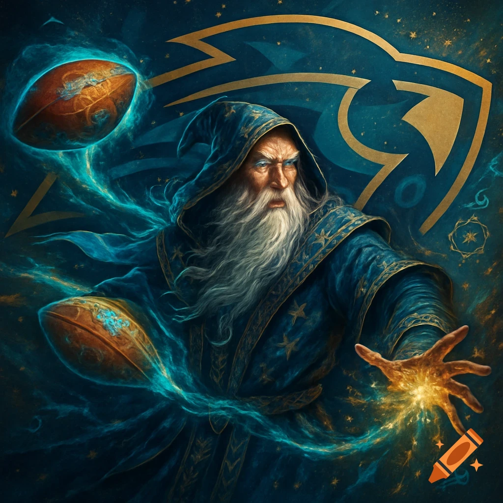 A wizard in blue robes and white beard conjures magic, with American footballs floating in turquoise energy and a gold-blue logo. Digital art.