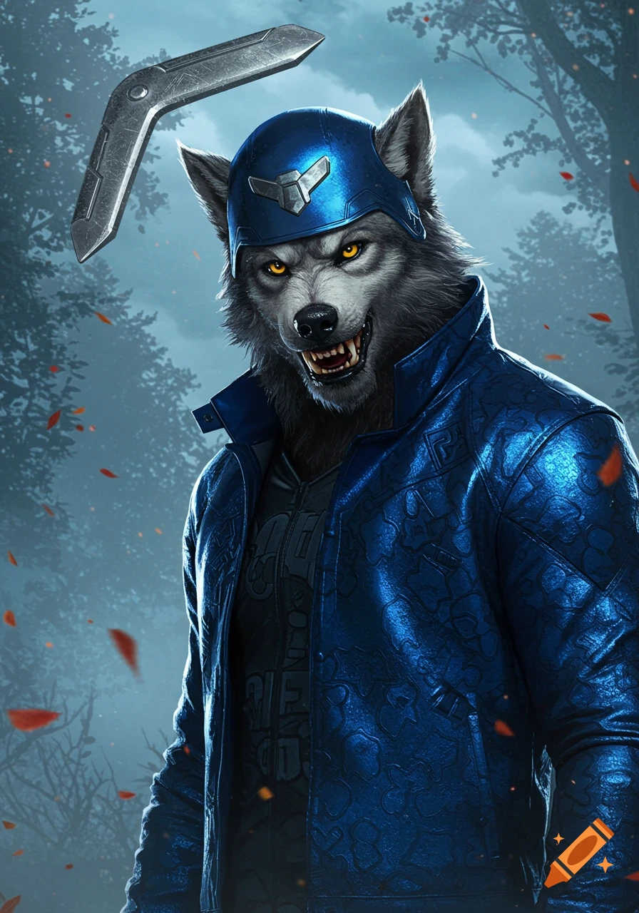 A fierce werewolf with yellow eyes wearing a blue helmet and shiny blue jacket, with a boomerang flying nearby, in a misty forest.