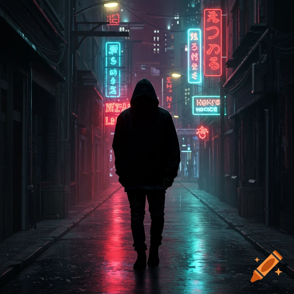 A person in a black hooded jacket walks down a dark, wet alley lit by vibrant red and blue neon signs. Cyberpunk style.