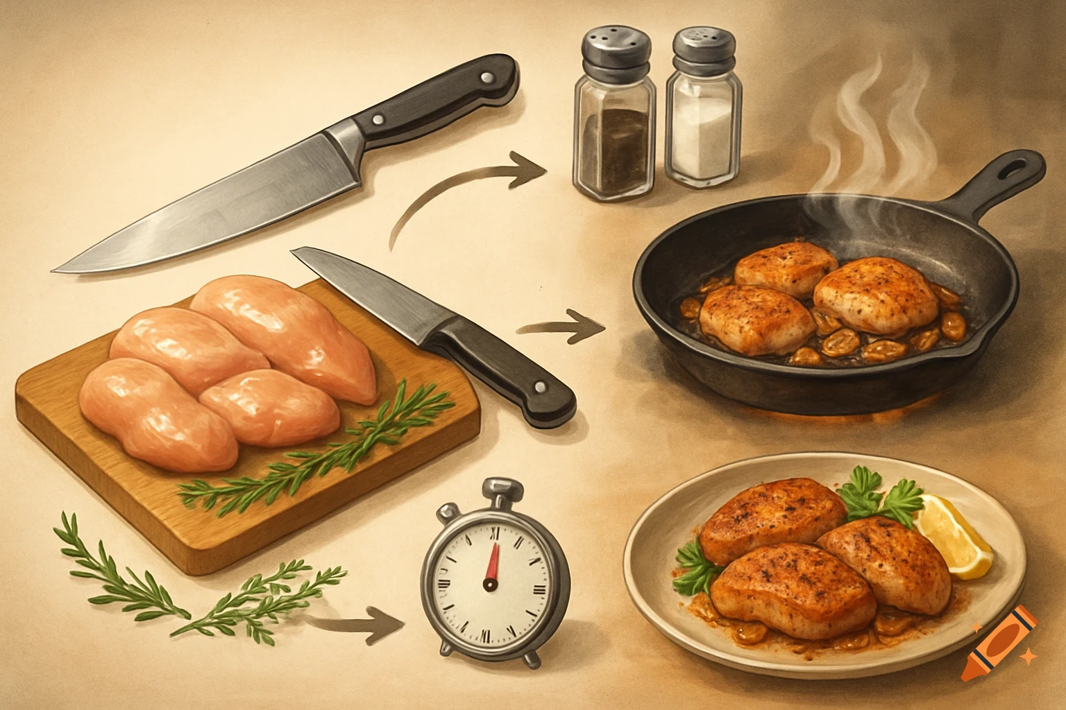 A step-by-step diagram showing chicken breasts being prepared on a cutting board, seasoned, cooked in a pan, and finally served on a plate with lemon and herbs.