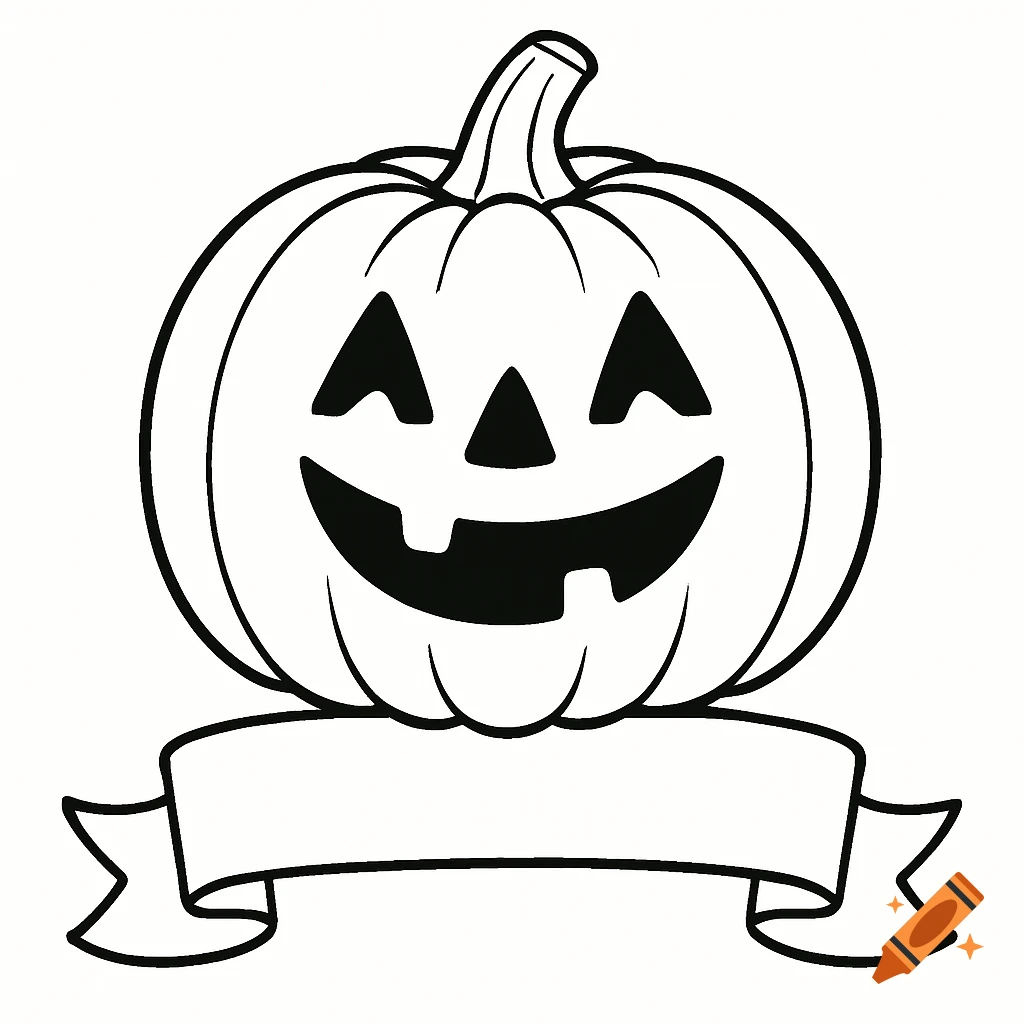 Black and white outline drawing of a smiling jack-o'-lantern with a blank banner underneath, in a coloring book style.