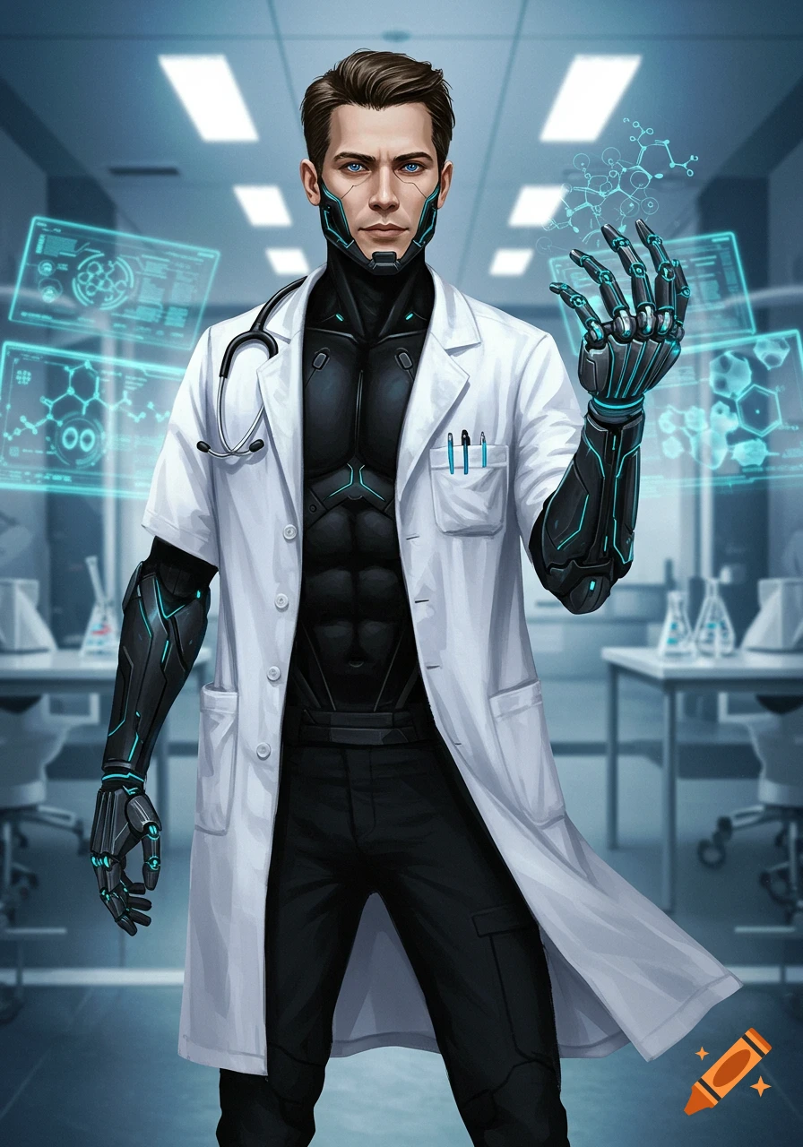 A man in a doctor's coat with a robotic arm and hand stands in a futuristic lab with holographic chemical displays.