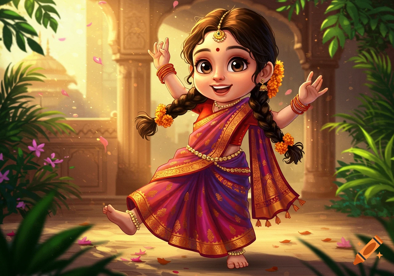 Cute cartoon Indian girl in a traditional purple and red dress dances with hands raised, surrounded by falling petals and temple architecture.