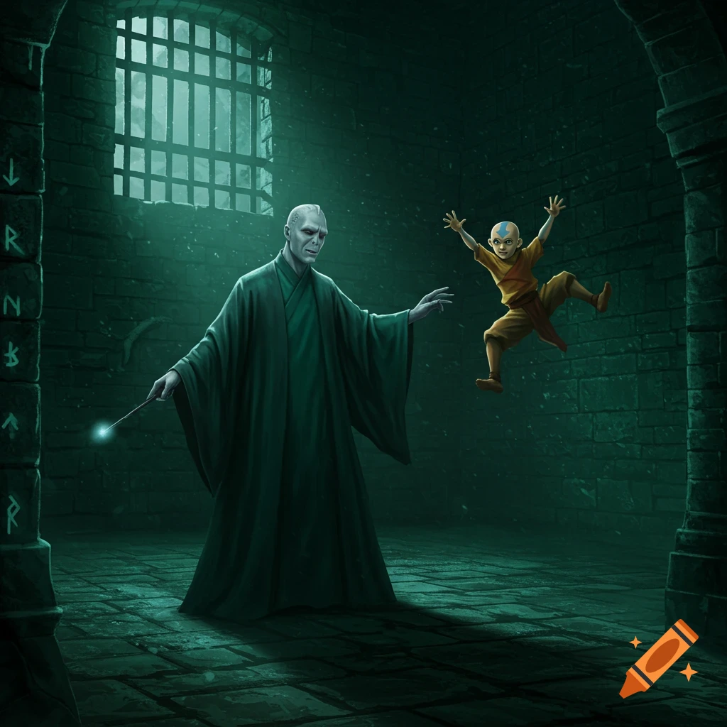 Voldemort in dark robes casts a spell, sending Aang floating in a dimly lit stone dungeon with runes on the wall.