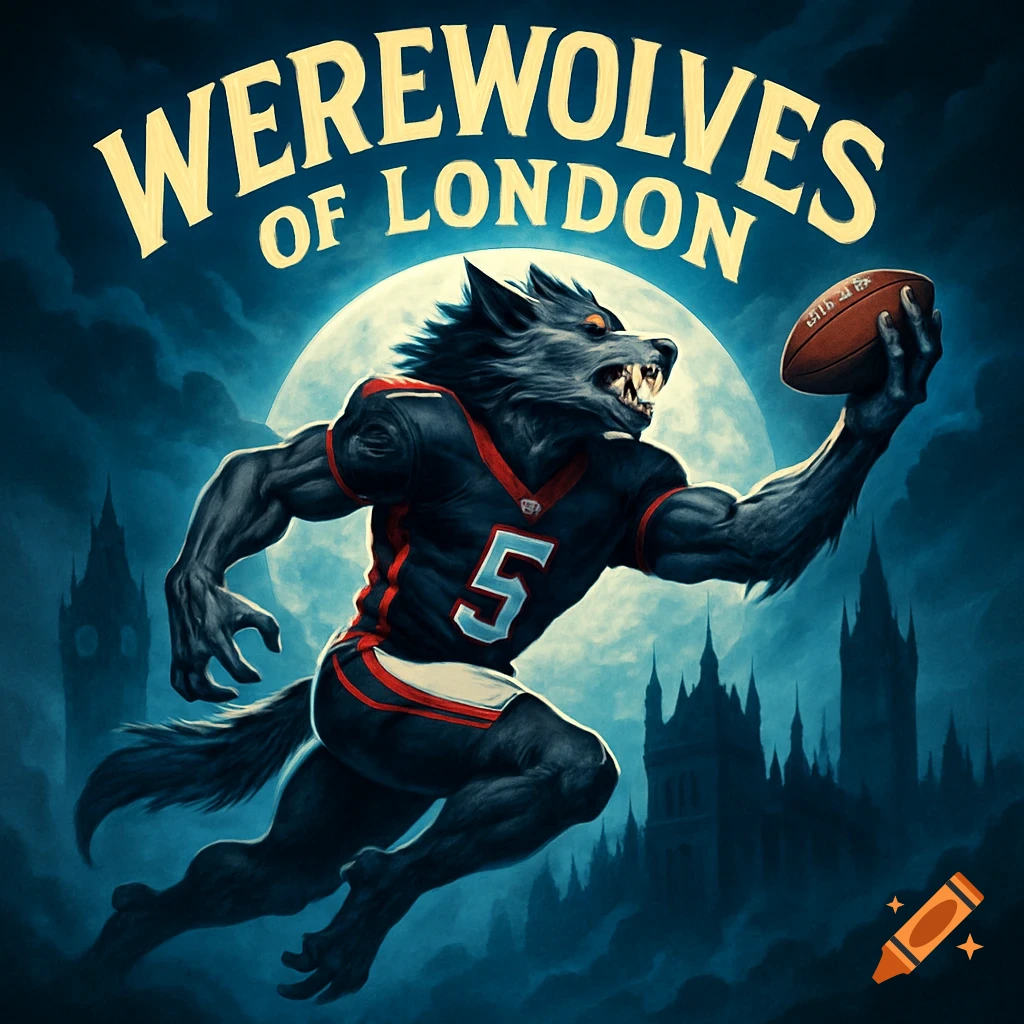 A muscular werewolf in a blue and red football jersey with number 5, holding a football, running under a full moon over London's skyline. The text "WEREWOLVES OF LONDON" arches above.