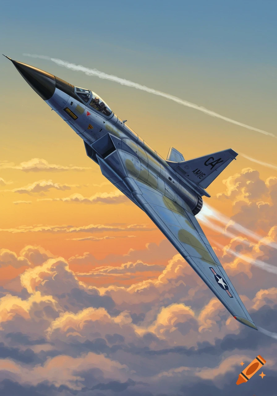 An unusual delta wing jet fighter with a black nose and camouflage markings flies upward through clouds during a vibrant sunset.