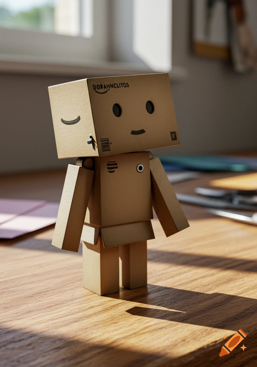 A photorealistic cardboard minifigure with a smiling face and an Amazon logo stands on a wooden table, brightly lit by sunlight.