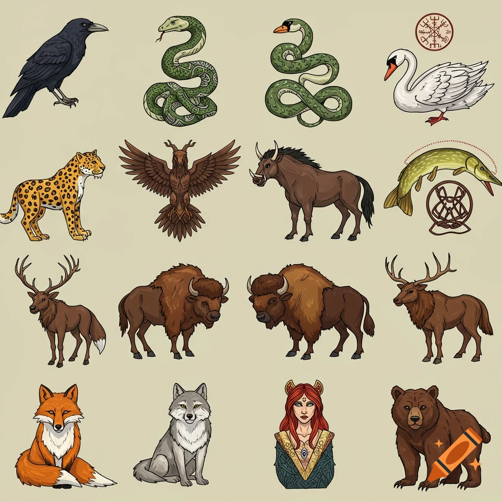 A grid of 16 stylized emblems featuring various animals like a raven, snake, swan, leopard, eagle, elk, bison, fox, wolf, bear, pike, wild boar, and a female figure, all designed with Slavic and Norse motifs.