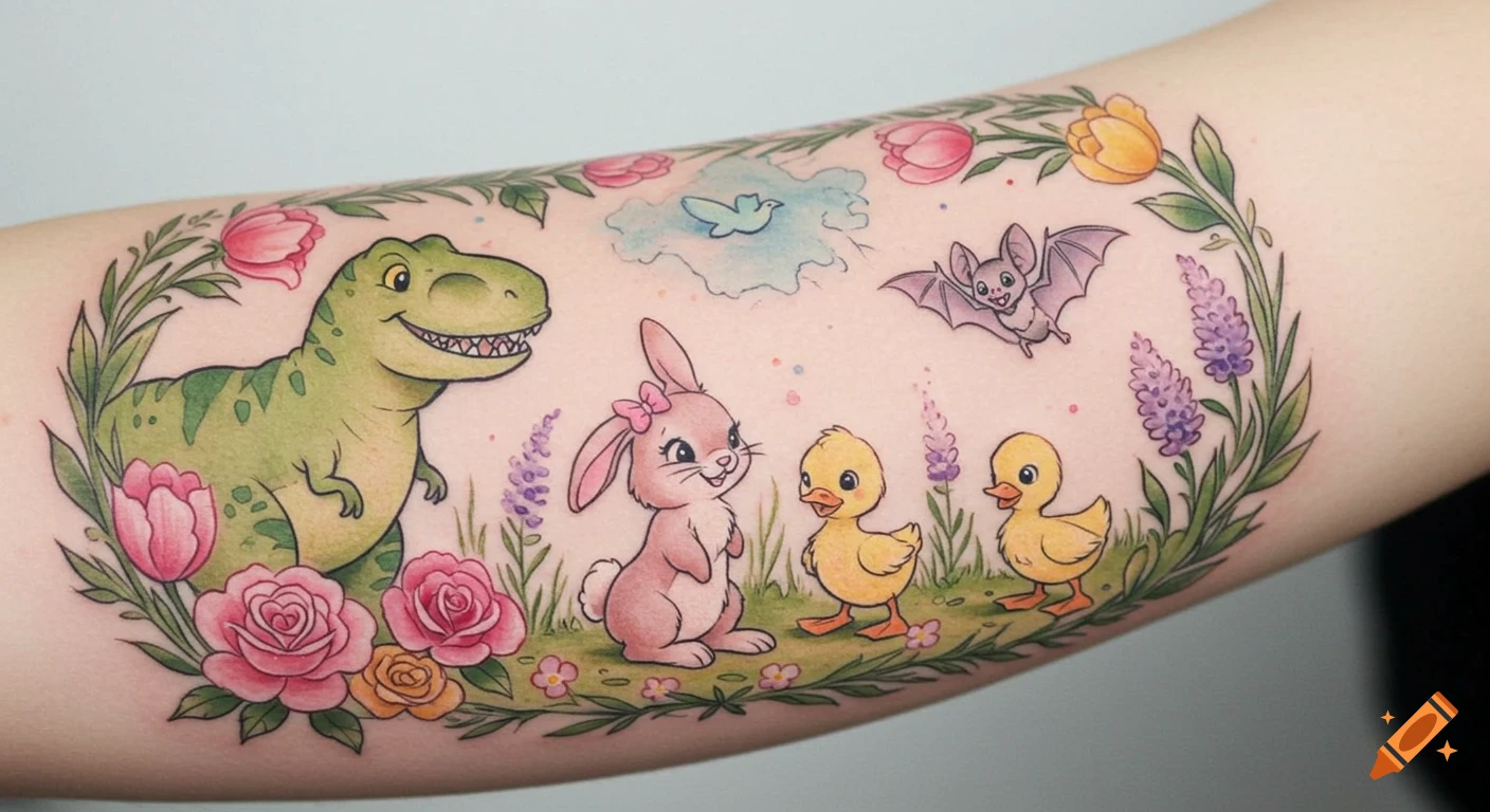 Colorful cartoon tattoo on a forearm featuring a T-Rex, bunny, two ducklings, and a bat surrounded by flowers.