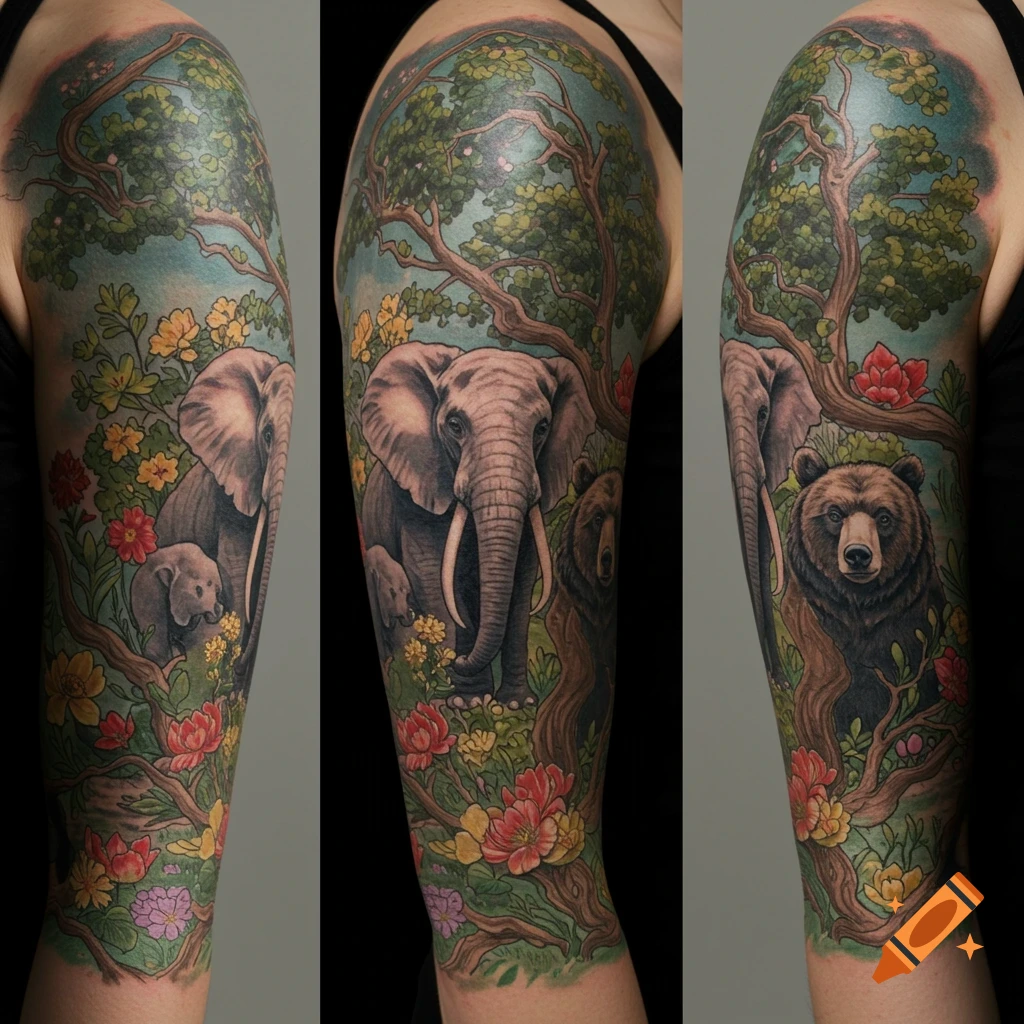 A vibrant full-sleeve tattoo on an arm, depicting elephants, a bear, trees, and colorful flowers in a forest.
