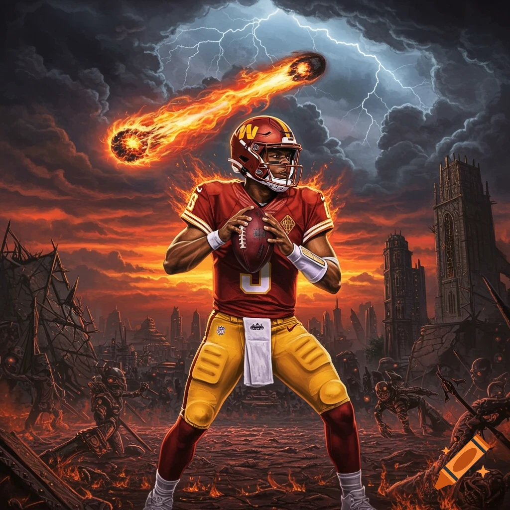 Jayden Daniels, Washington Commanders quarterback, stands in an apocalyptic landscape with fiery meteors and lightning.