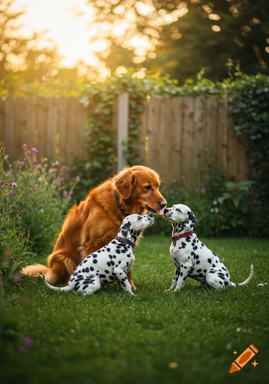 A photorealistic image of a golden retriever licking a Dalmatian puppy in a sunny green garden, with another puppy nearby.
