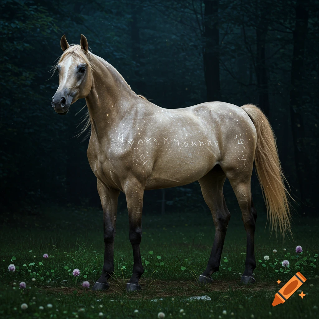 A majestic Arabian horse with a shimmering coat and subtle runes stands in a moonlit forest glade with glowing clover.