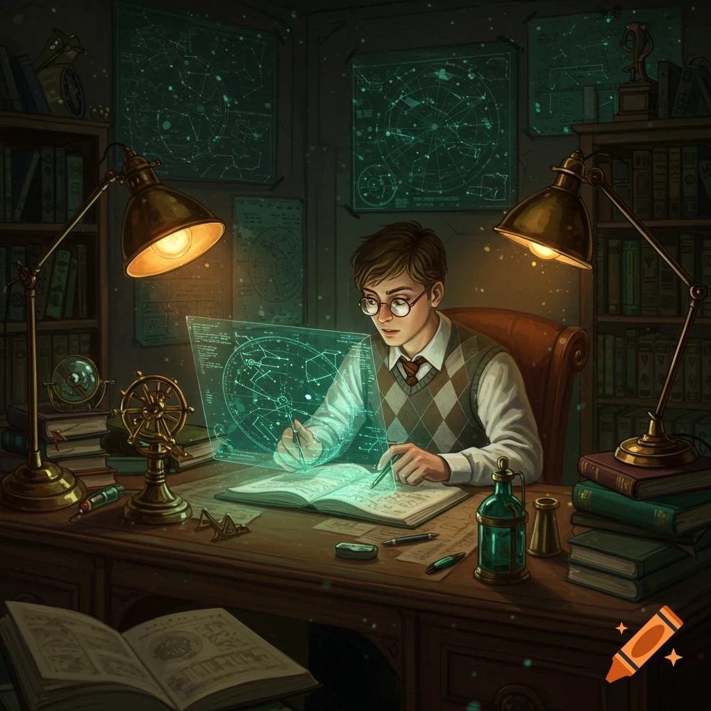A young man with glasses studies constellation maps on a holographic screen and in books at a lamp-lit wooden desk in a library.