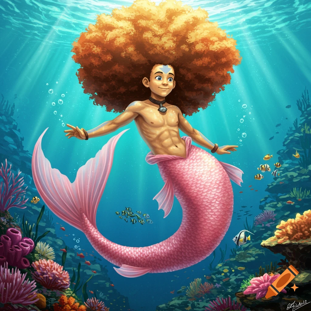 A smiling male mermaid with a large orange afro and a pink tail swims in a vibrant coral reef, with sunlight streaming from above.