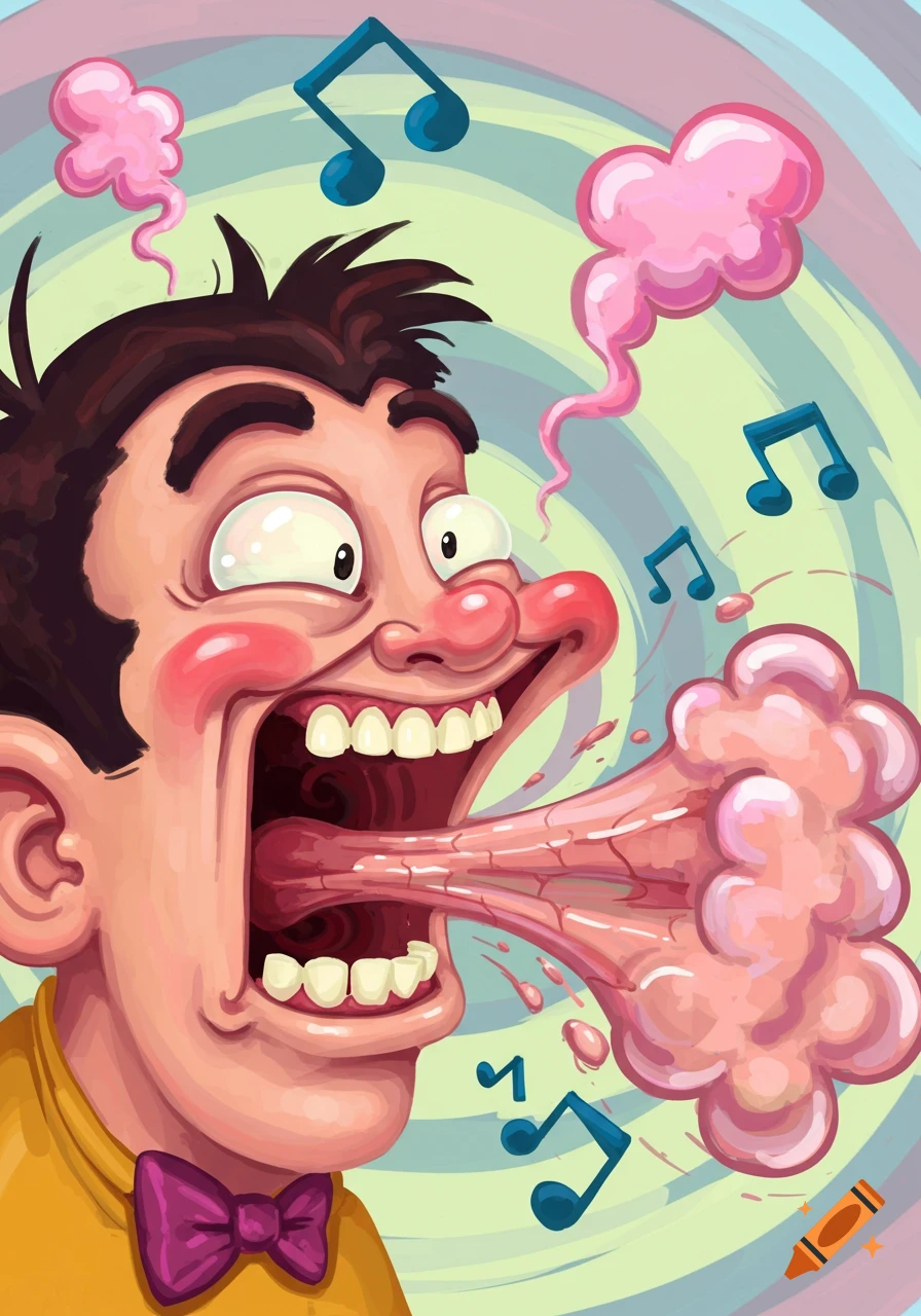 A cartoon man with a huge open mouth, exhaling pink, hose-like clouds and musical notes, against a swirling background.