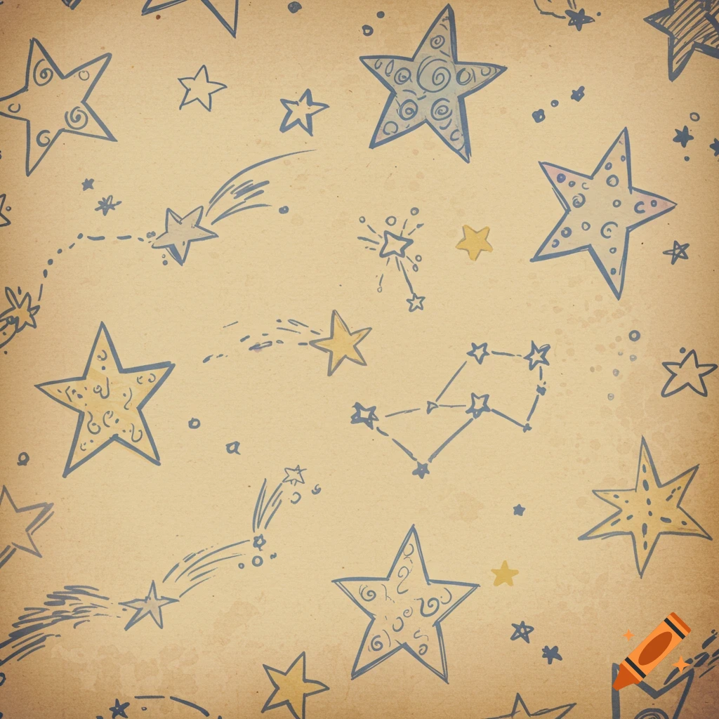 Hand-drawn doodle of stars, constellations, and comets on a textured, vintage paper background.