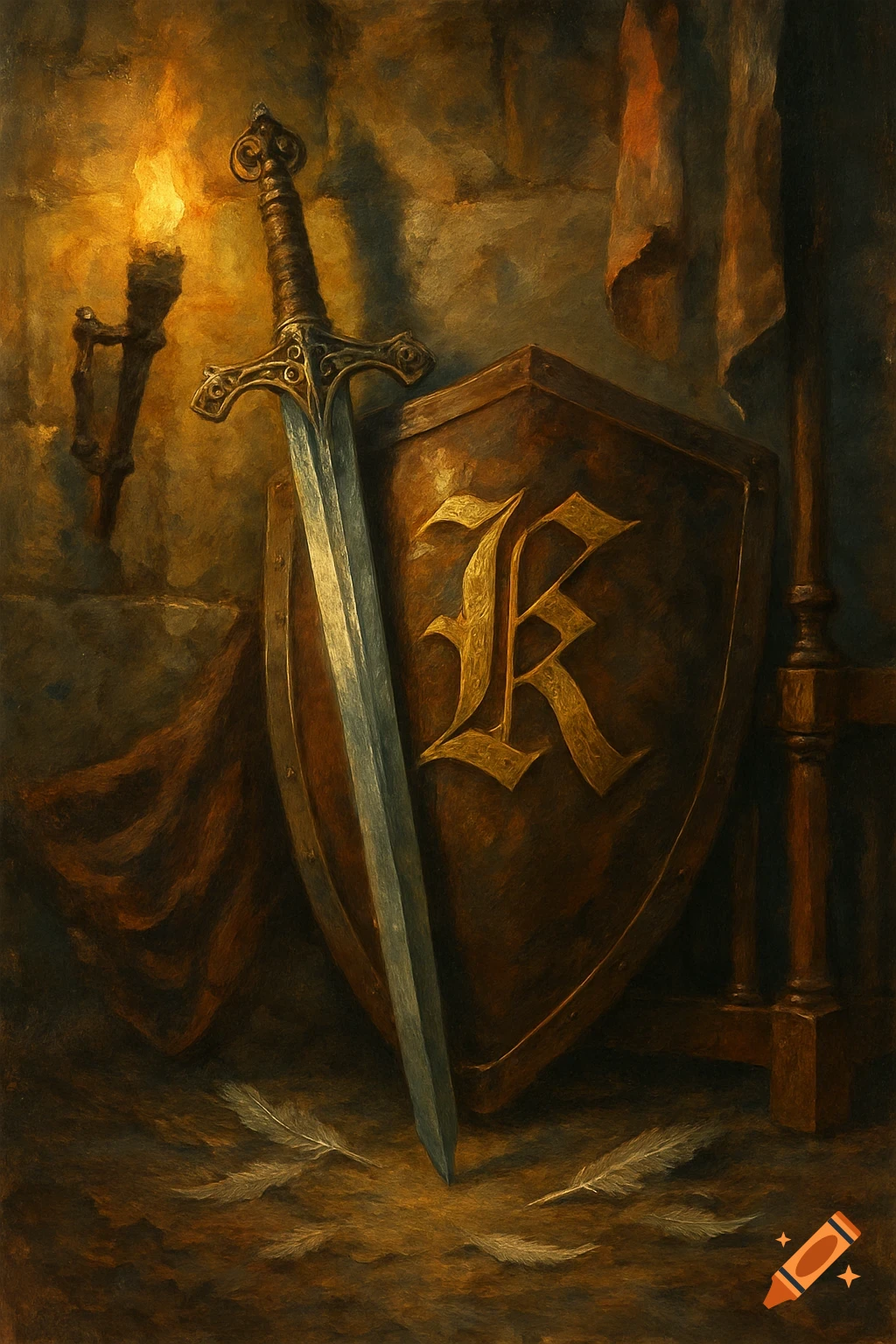 A painterly image of an ornate sword leaning against a shield with a golden old English 'K' in a dimly lit stone room.