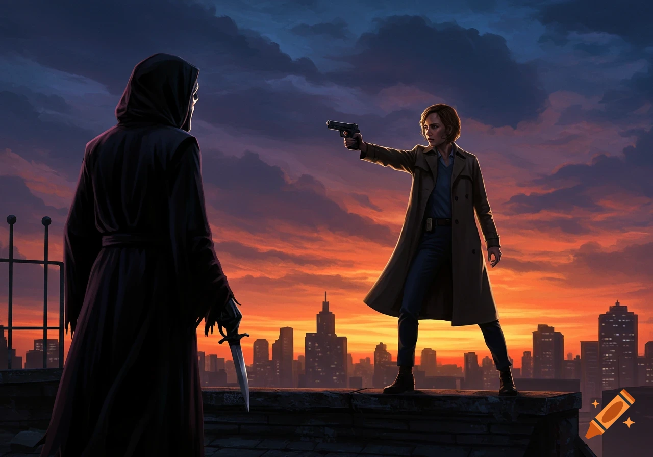 A woman aims a pistol at Ghostface, who holds a knife, on a rooftop against a dramatic sunset city skyline. Digital art.