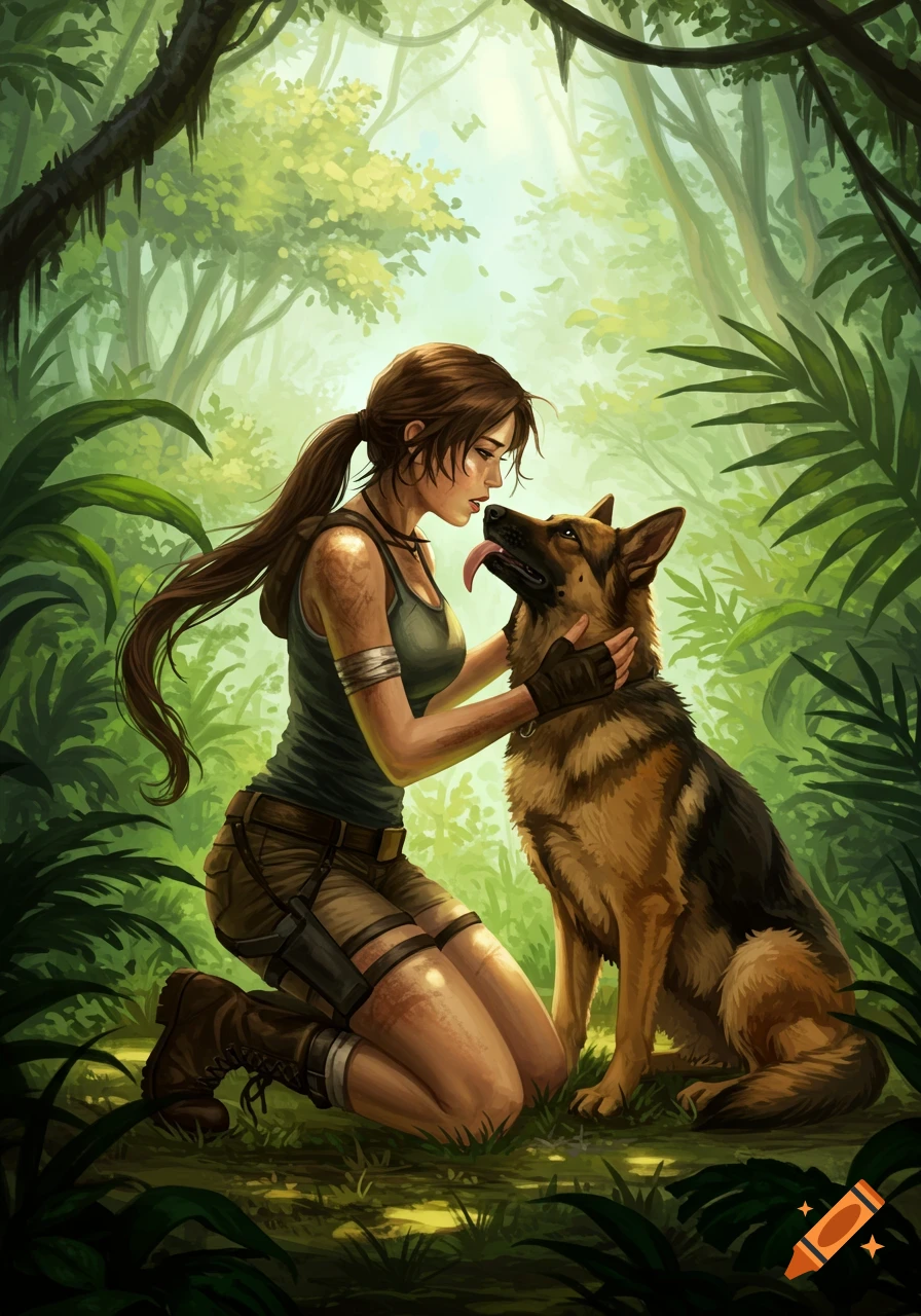 Lara Croft kneels in a lush jungle, petting a German Shepherd who licks her face, in a digital painting.