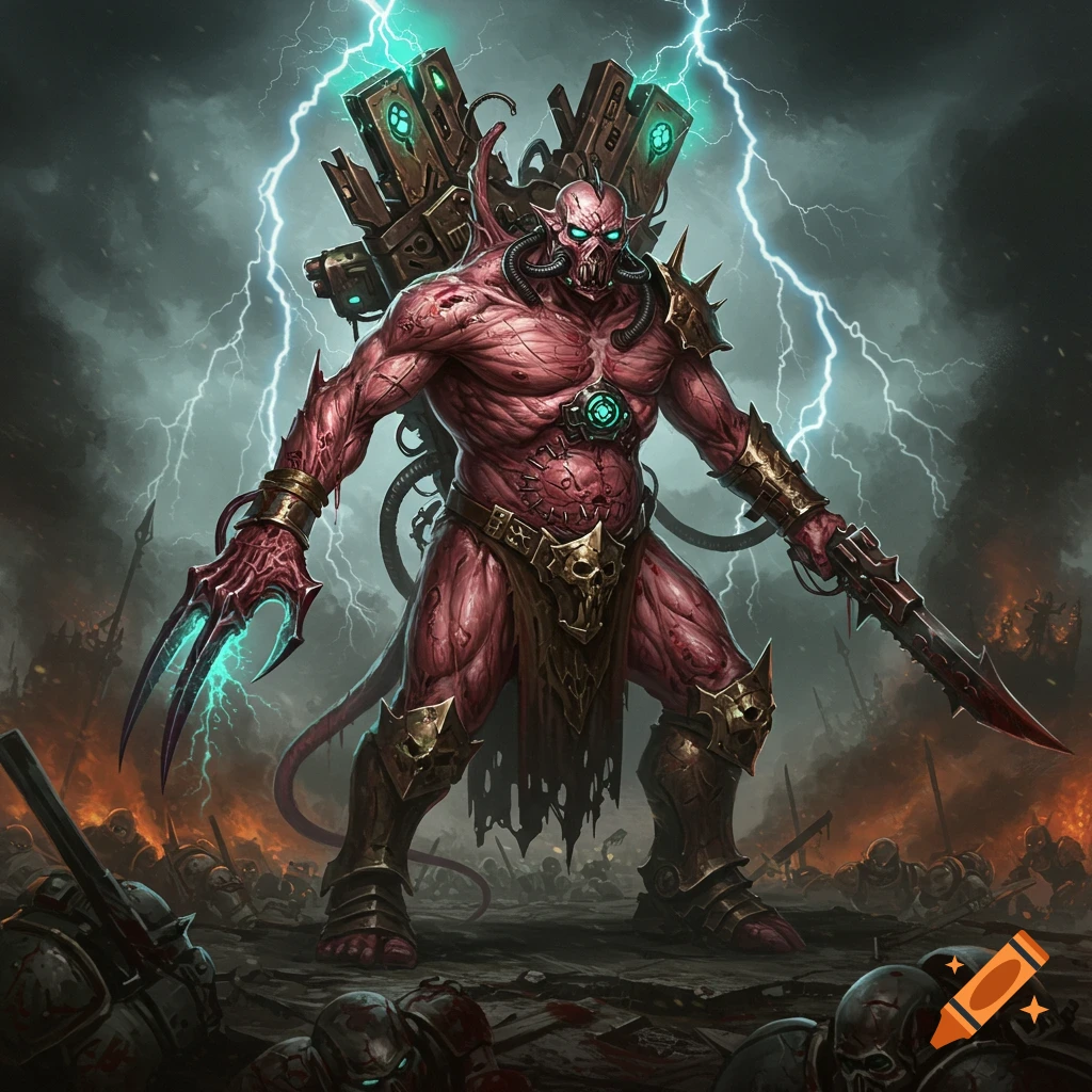 A monstrous, red-skinned demon-like warlord with cybernetic implants and glowing weapons stands on a chaotic battlefield under lightning.