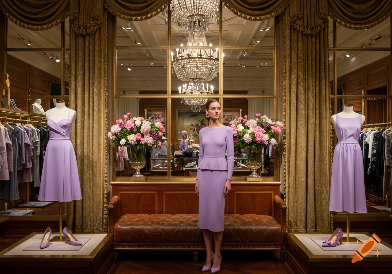 A woman in a lavender dress stands between two mannequins with similar dresses in a luxurious clothing store.