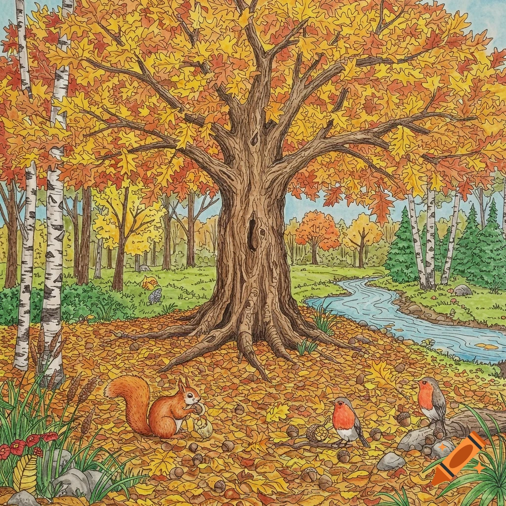 A colorful autumn coloring book illustration of a forest with a large oak tree, fallen leaves, a squirrel, robins, birch trees, and a stream.