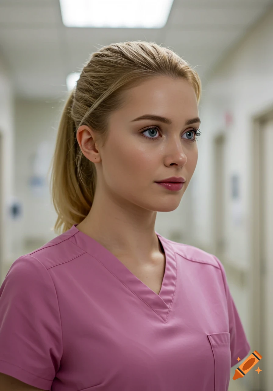 Photorealistic image of a young blonde woman with blue eyes, wearing pink scrubs in a hospital hallway.