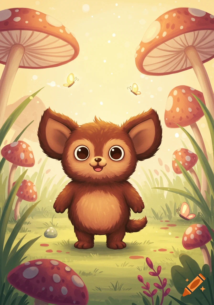 A cute, big-eared brown creature with large eyes smiles among red spotted mushrooms and butterflies in a whimsical, light-filled cartoon forest.