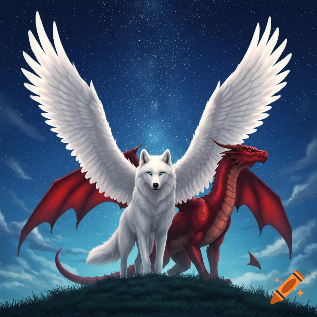 A majestic white winged wolf and a red dragon stand on a grassy hill under a vibrant starry night sky.