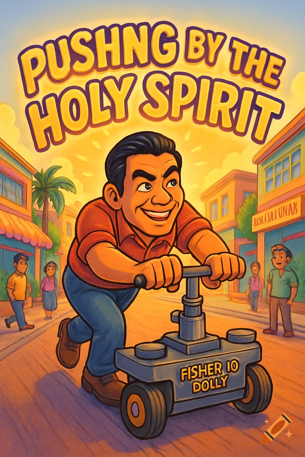 A smiling cartoon Filipino man pushes a gray dolly with "Fisher 10 Dolly" written on it down a street, with "Pushing by the Holy Spirit" written above him. Other people and buildings are in the background.
