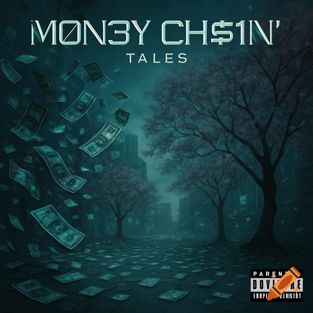 Dark, dystopian album cover for 'MØN3Y CH$1N' TALES' with money falling on a city street lined with sakura trees and a parental advisory label.
